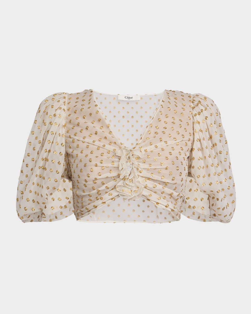 Metallic Polka-Dot Jacquard Puff-Sleeve Crop Top